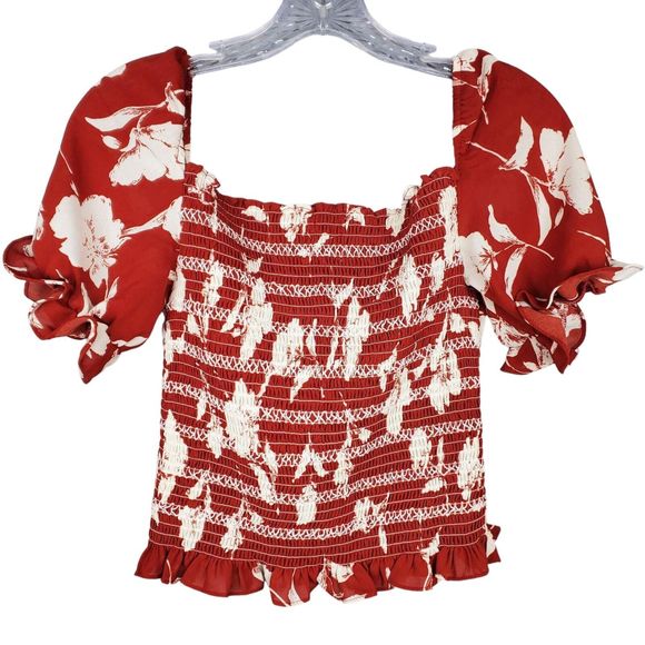 Petite Studio Tropical Red Floral Sweetheart Neckline Top Puff Sleeves Size XS - Picture 5 of 7